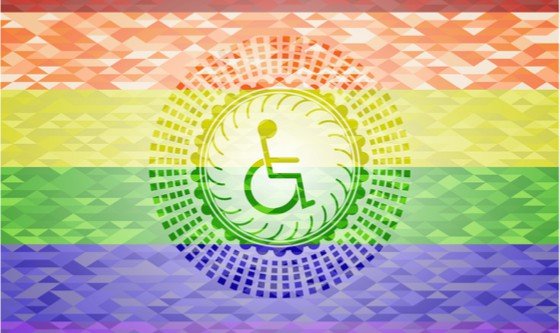 Wheelchair icon on mosaic LGBT-pride flag background