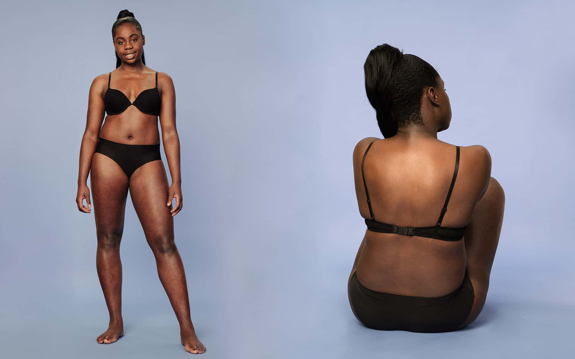 Front and back view of a woman in her underwear