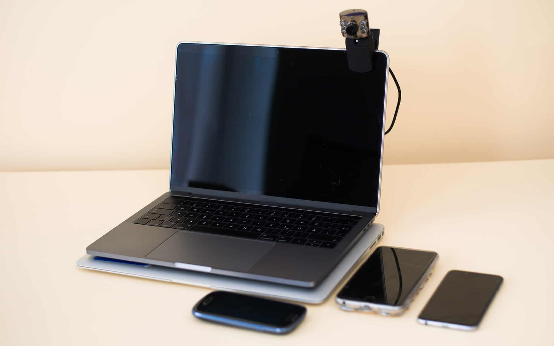 Computer, webcam, and various mobile devices