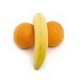 ripe banana with one side between two ripe oranges