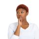 woman with finger in mouth, sucking thumb, biting fingernail in stress, deep thought, isolated on white background