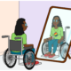 a sad queer lady on a wheelchair staring at a mirror